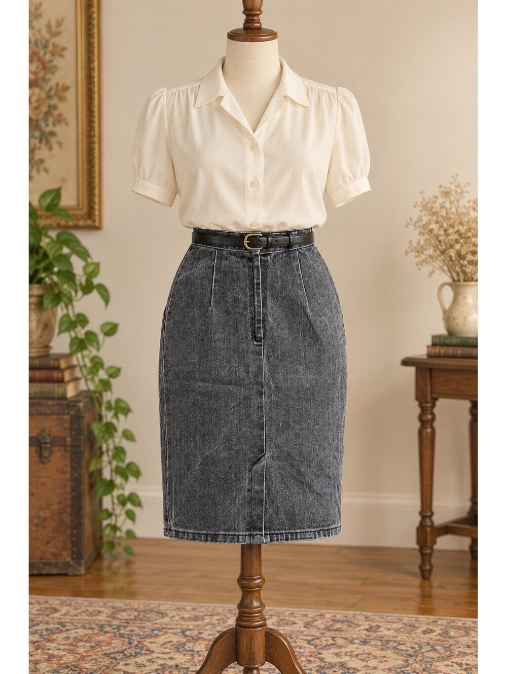Vintage 80s Women’s XS 27” Washed Black Denim High Waist Pencil Midi Skirt